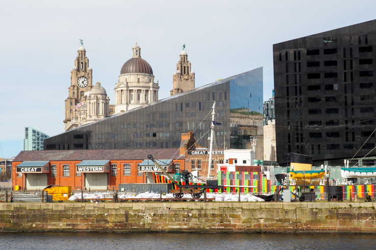 View from the Albert Dock towards the Pier Head in Liverpool