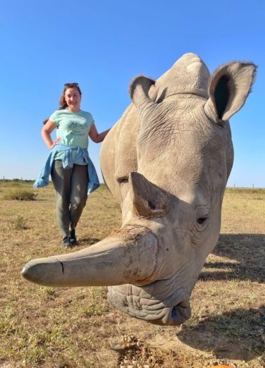 Helen in Wonderlust with Najin, one of the last 2 Northern White Rhinos in the world